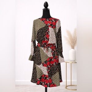 Patchwork Floral Midi Dress | Long Sleeve Ruffle Hem | Size Small